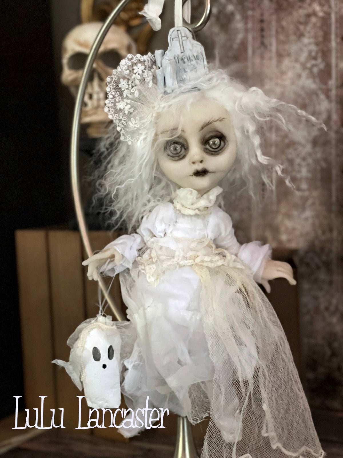 Until we meet again Graveyard Ghostie hanging Halloween Original LuLu Lancaster Art Dolls