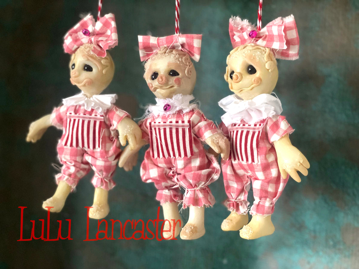 Pink Gingham Snickerdoodle Ornaments set of 3 mini Original LuLu Lancaster Art Doll