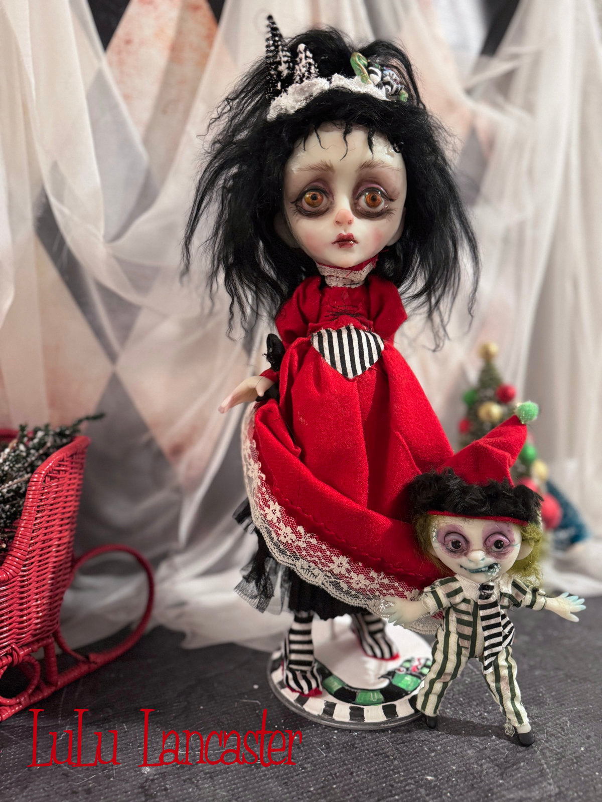Merry Gothmas Lydia and tiny Beetlejuice Original LuLu Lancaster Art Doll