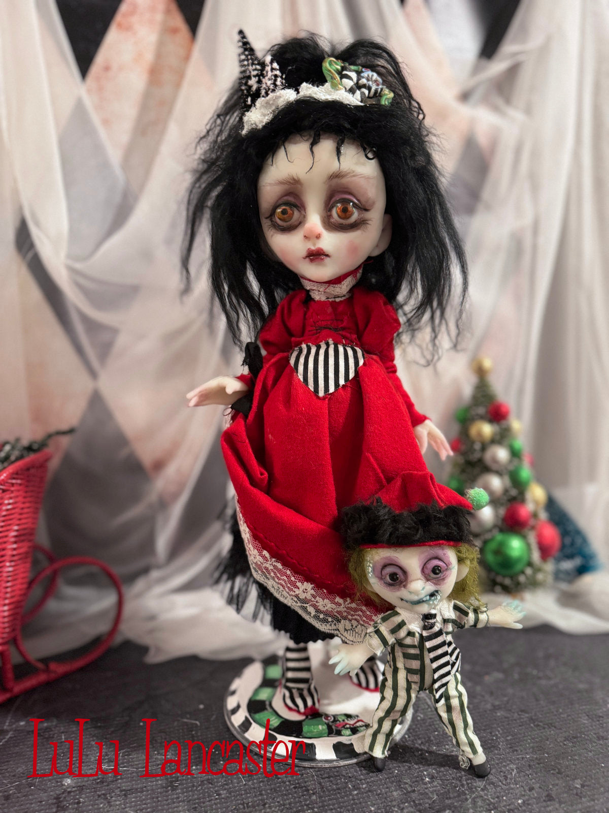 Merry Gothmas Lydia and tiny Beetlejuice Original LuLu Lancaster Art Doll