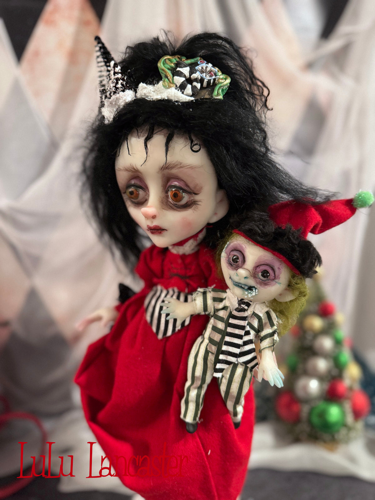 Merry Gothmas Lydia and tiny Beetlejuice Original LuLu Lancaster Art Doll
