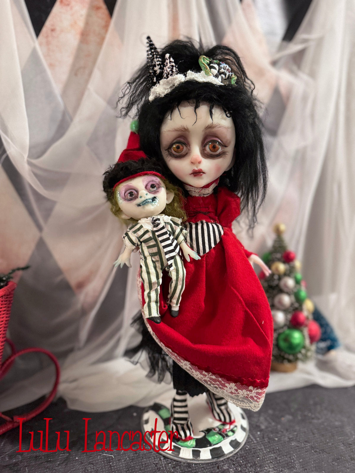 Merry Gothmas Lydia and tiny Beetlejuice Original LuLu Lancaster Art Doll