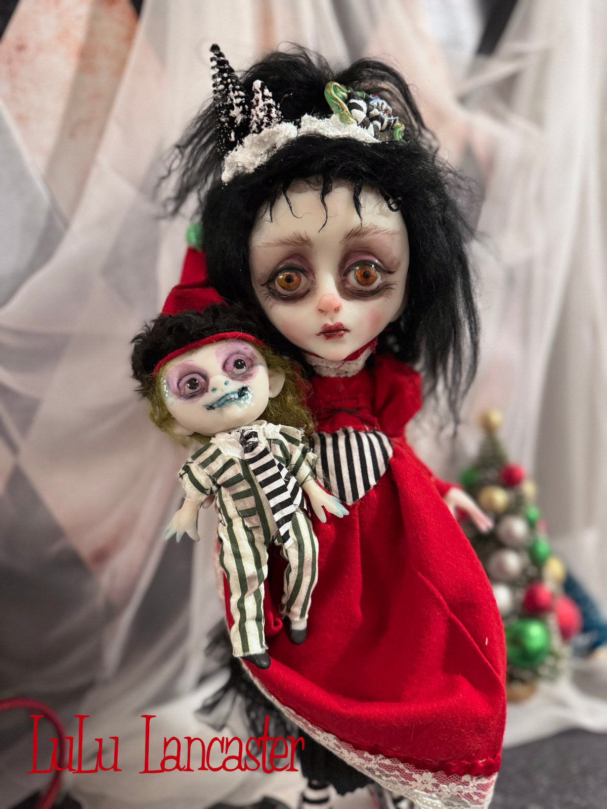 Merry Gothmas Lydia and tiny Beetlejuice Original LuLu Lancaster Art Doll