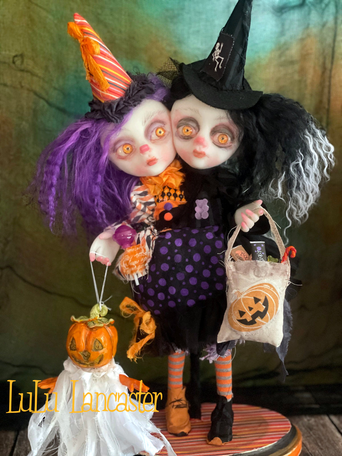 Hallow and Eve squishy head twin trick or treaters Halloween Original LuLu Lancaster Art Doll
