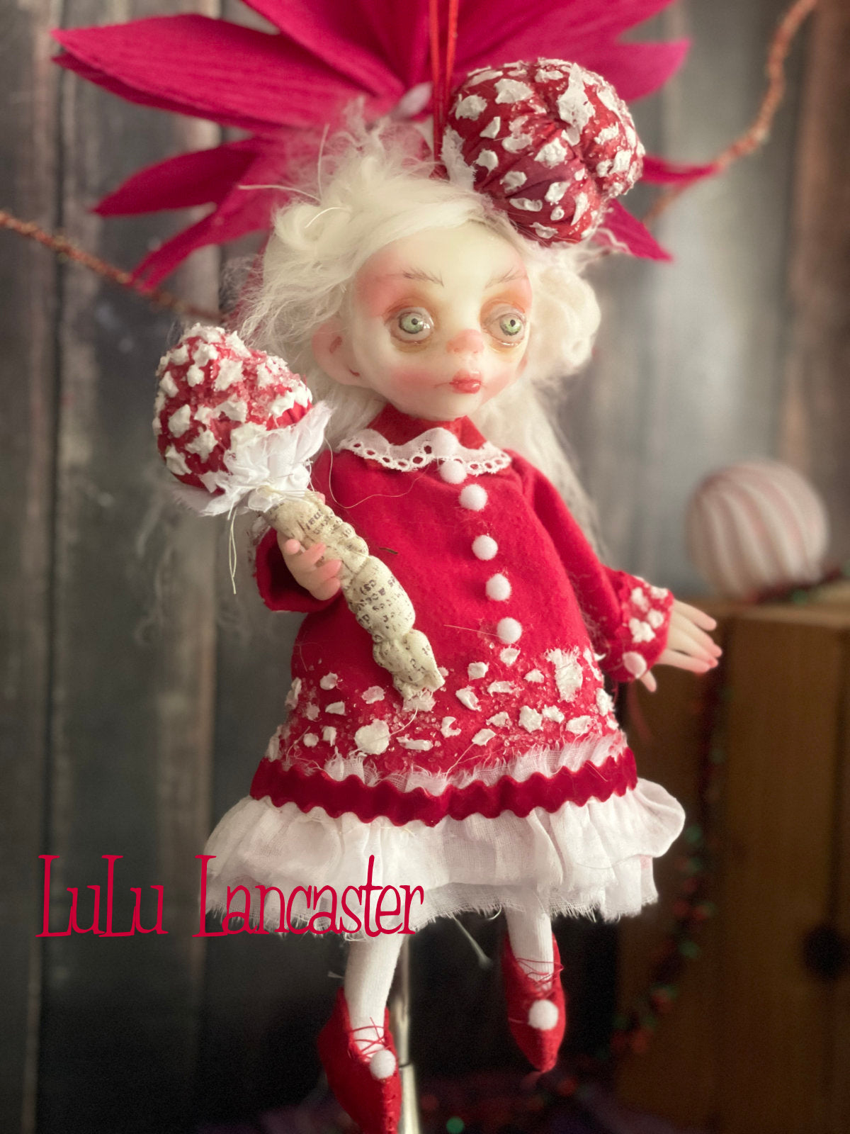 Kinoko the amanita sprite Mini hanging Christmas winter Original LuLu Lancaster Art Doll