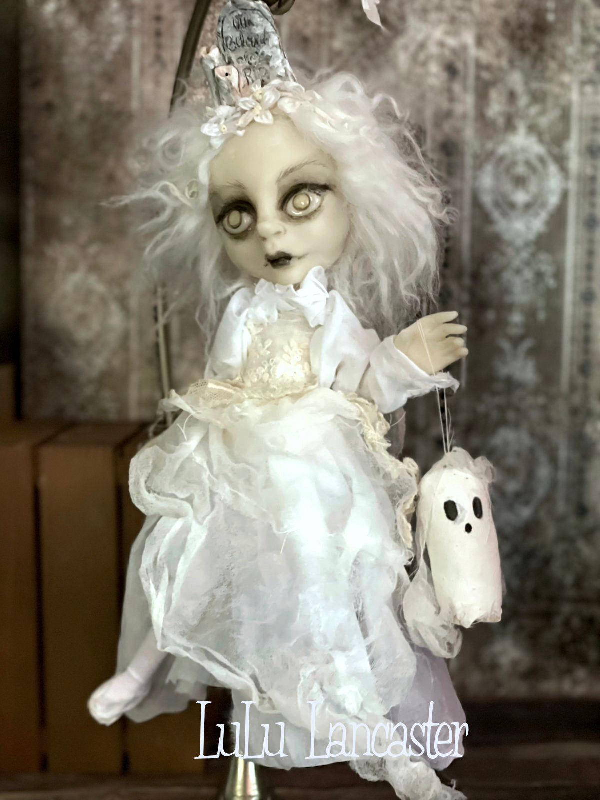 Our Beloved Graveyard Ghostie hanging Halloween Original LuLu Lancaster Art Dolls