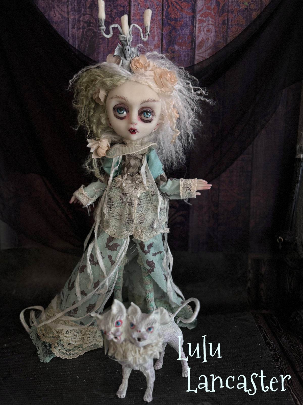 Portia the Vampire ~Castor and Pollux 2 headed kitty Original LuLu Lancaster Art Dolls