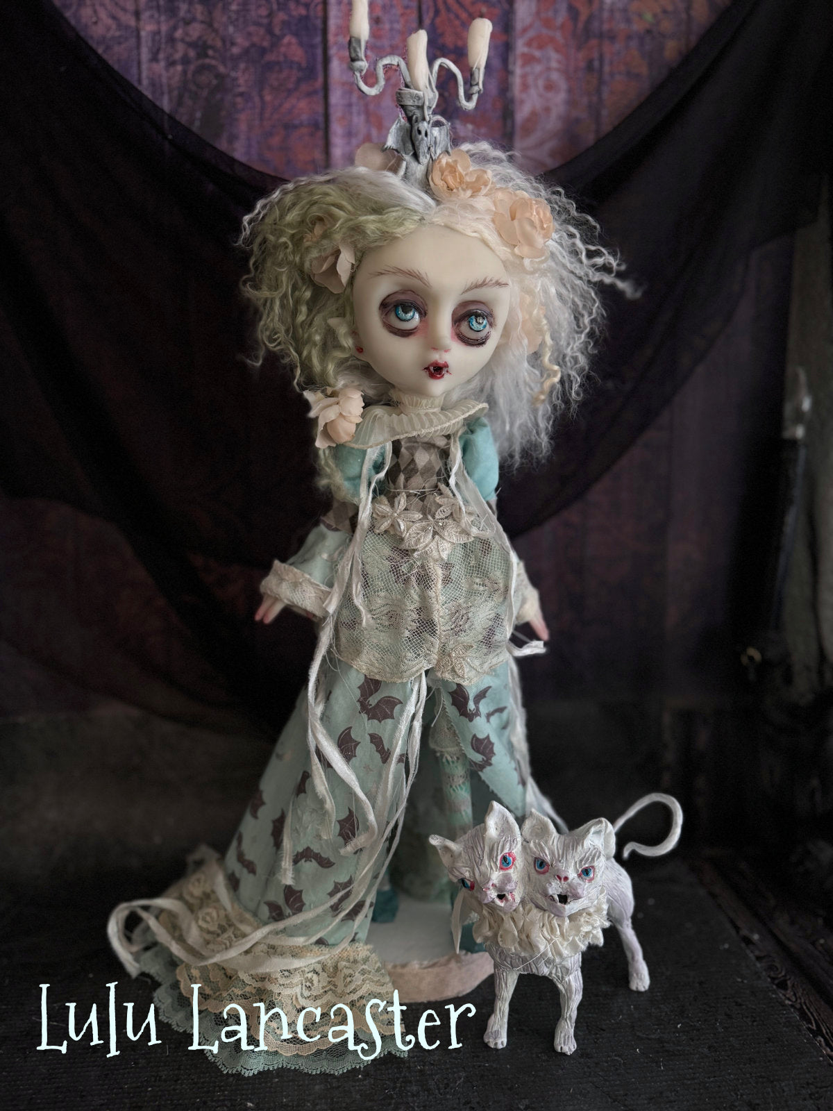 Portia the Vampire ~Castor and Pollux 2 headed kitty Original LuLu Lancaster Art Dolls