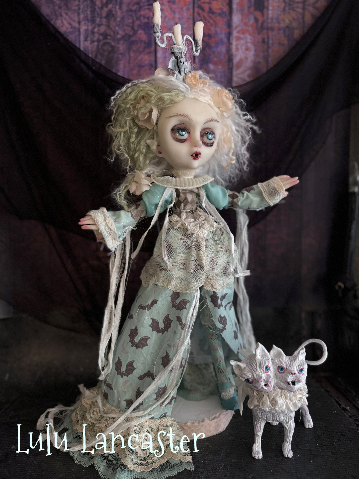 Portia the Vampire ~Castor and Pollux 2 headed kitty Original LuLu Lancaster Art Dolls