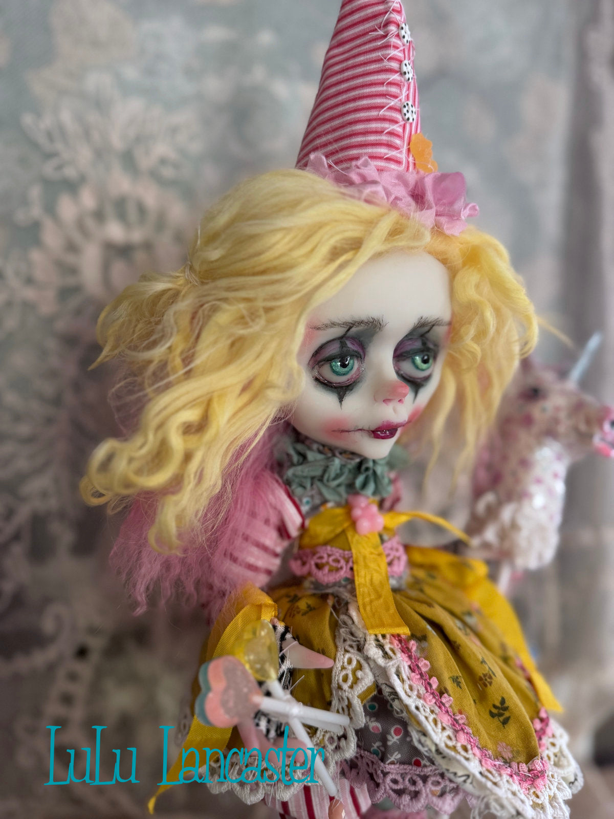 Taffy Poupee the Clown and PolkaDot Pearl the Unicorn Original LuLu Lancaster Art Doll