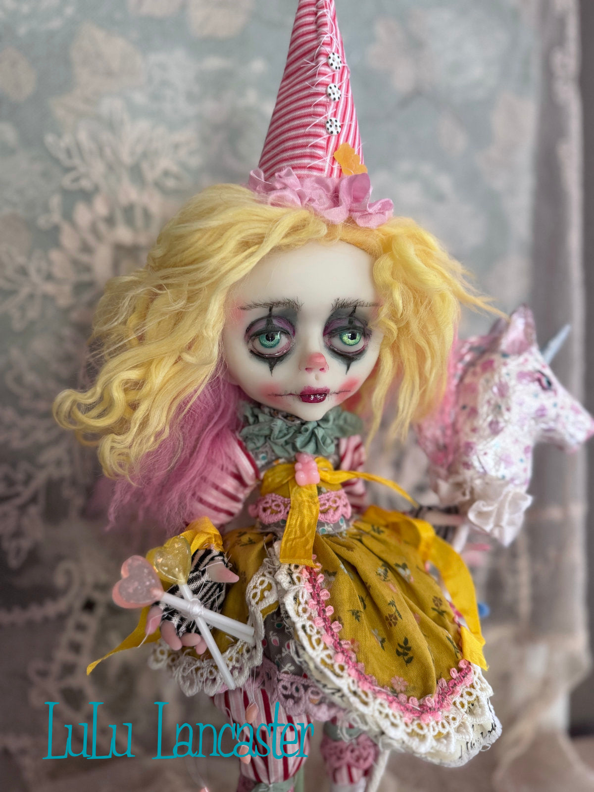 Taffy Poupee the Clown and PolkaDot Pearl the Unicorn Original LuLu Lancaster Art Doll