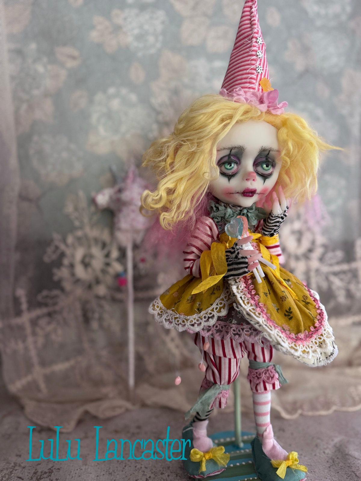 Taffy Poupee the Clown and PolkaDot Pearl the Unicorn Original LuLu Lancaster Art Doll