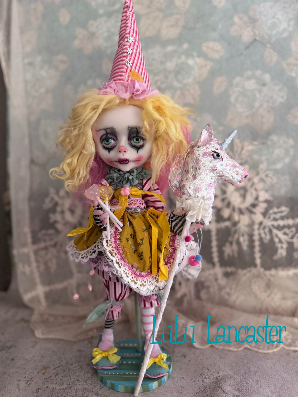 Taffy Poupee the Clown and PolkaDot Pearl the Unicorn Original LuLu Lancaster Art Doll