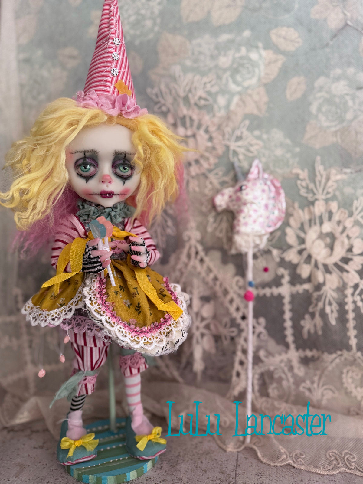 Taffy Poupee the Clown and PolkaDot Pearl the Unicorn Original LuLu Lancaster Art Doll
