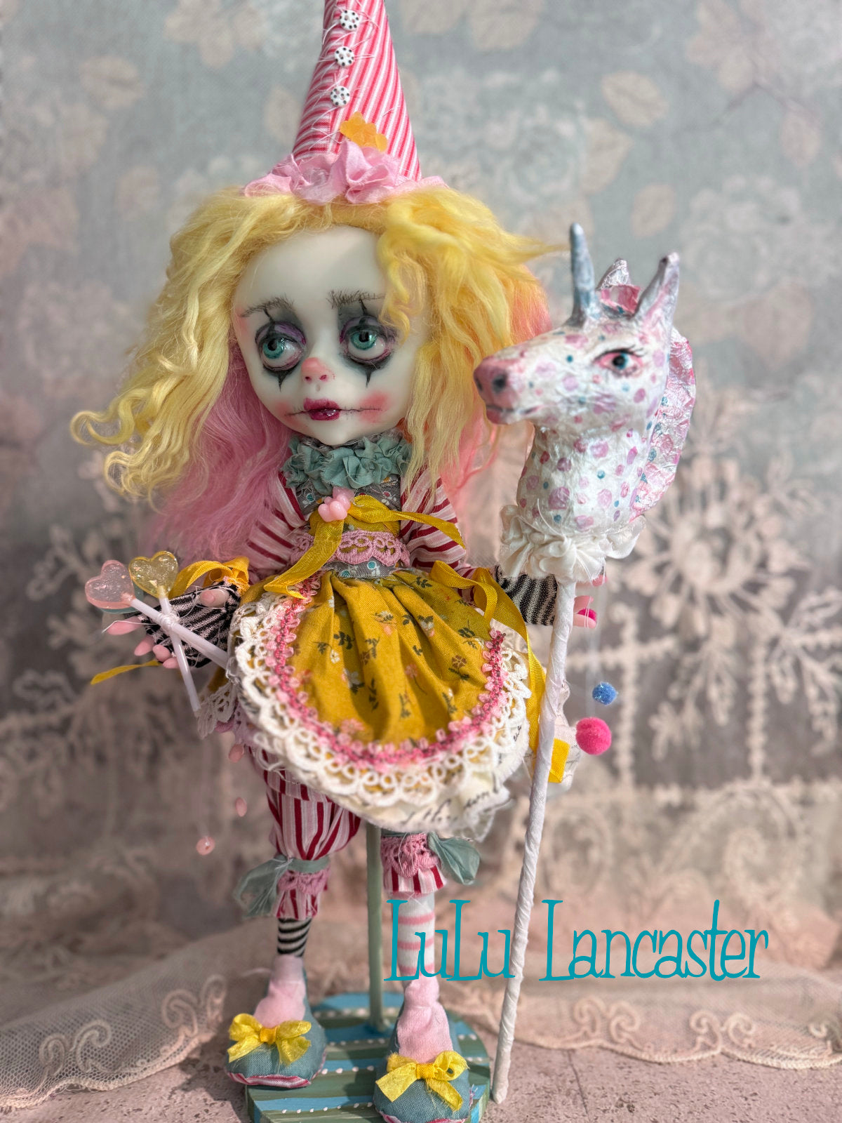 Taffy Poupee the Clown and PolkaDot Pearl the Unicorn Original LuLu Lancaster Art Doll