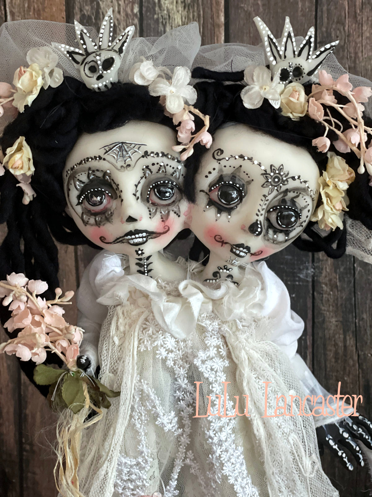 Tico and Toki Squishy head conjoined Day of the dead Original LuLu Lancaster Halloween Art Doll