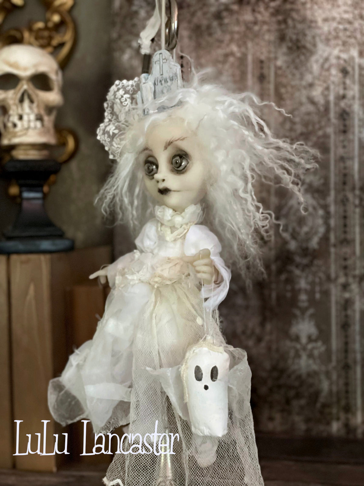 Until we meet again Graveyard Ghostie hanging Halloween Original LuLu Lancaster Art Dolls
