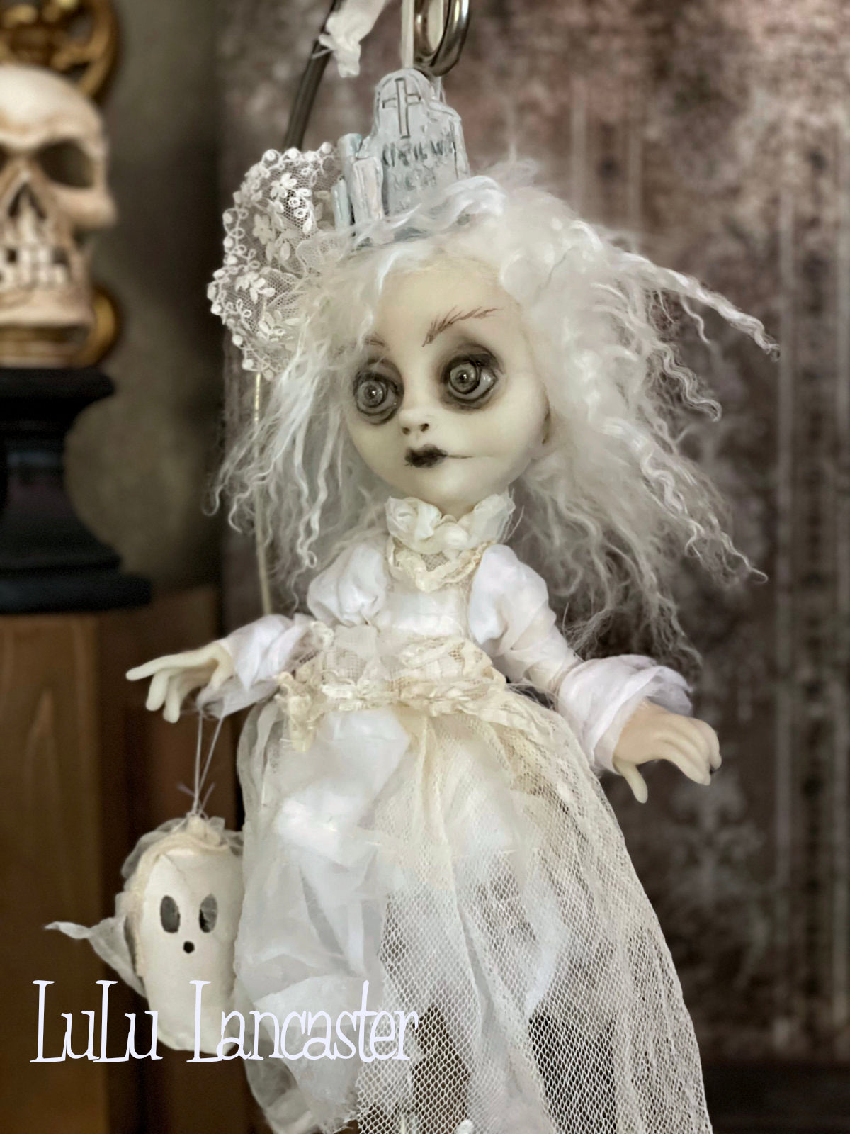 Until we meet again Graveyard Ghostie hanging Halloween Original LuLu Lancaster Art Dolls