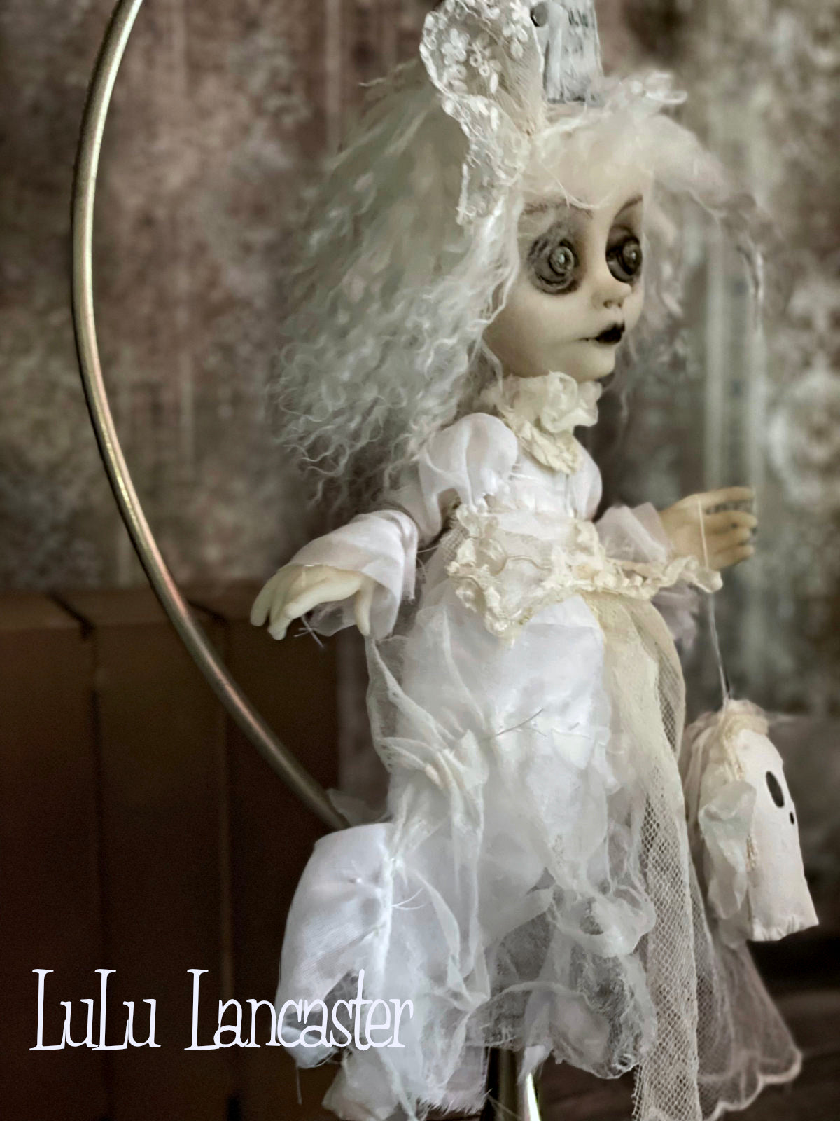 Until we meet again Graveyard Ghostie hanging Halloween Original LuLu Lancaster Art Dolls