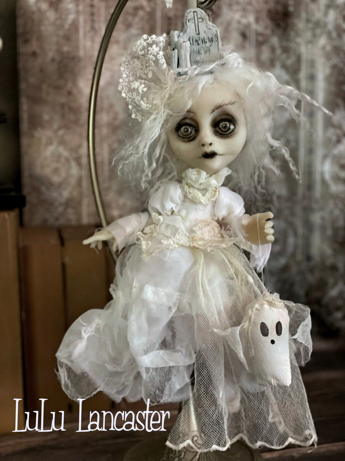 Until we meet again Graveyard Ghostie hanging Halloween Original LuLu Lancaster Art Dolls