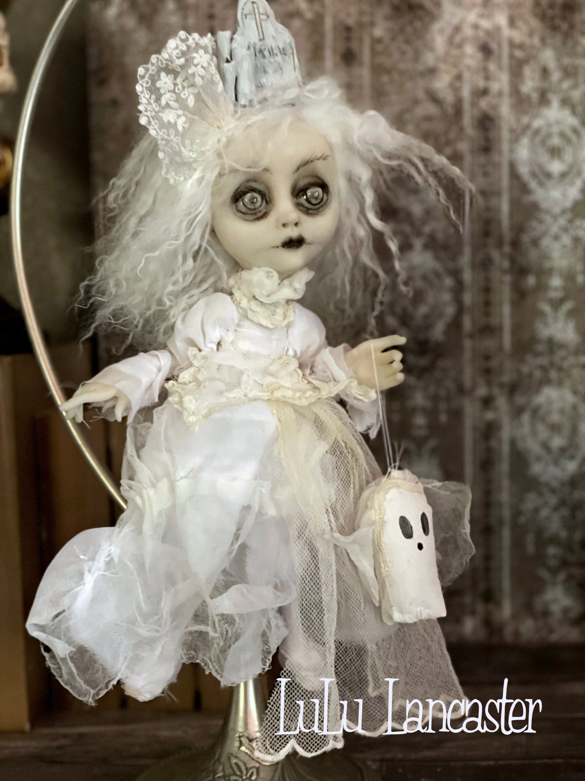 Until we meet again Graveyard Ghostie hanging Halloween Original LuLu Lancaster Art Dolls