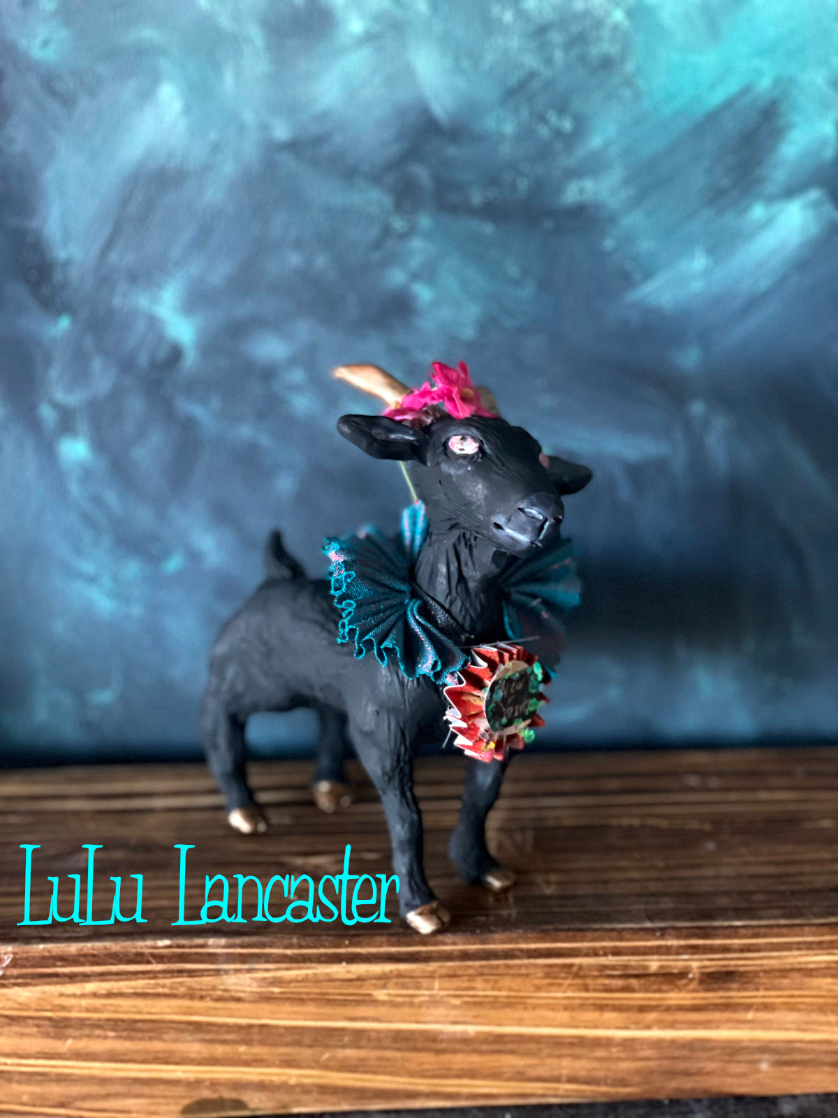 Pink eyed Black Good Luck Goat New Years OOAK Art Doll LuLu Lancaster