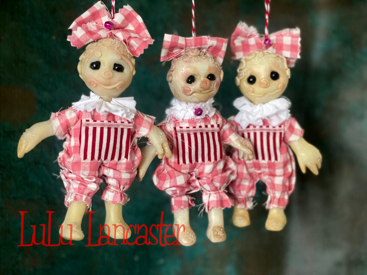 Pink Gingham Snickerdoodle Ornaments set of 3 mini Original LuLu Lancaster Art Doll