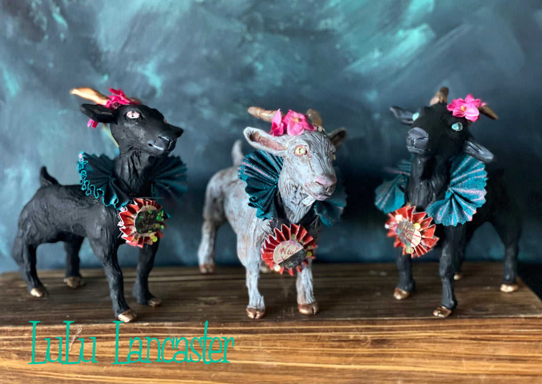 Grey Good Luck Goat New Years OOAK Art Doll LuLu Lancaster