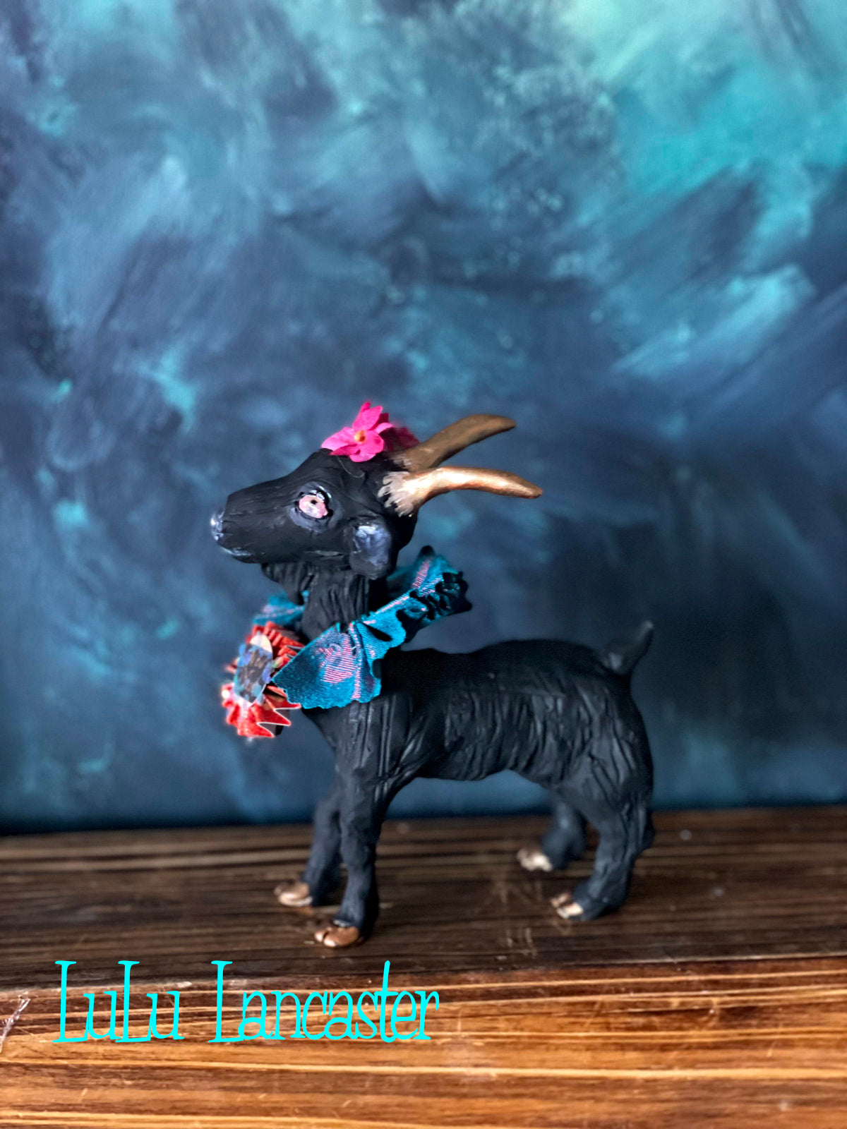Pink eyed Black Good Luck Goat New Years OOAK Art Doll LuLu Lancaster